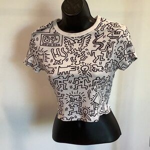 Keith Haring Black and White Graphic Print Cropped T-shirt, Size Medium